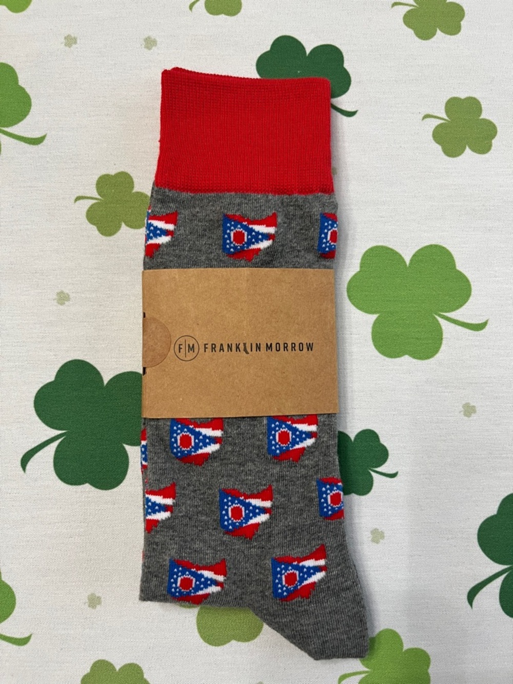 Men’s Gray Ohio Flag Crew Socks with Red Cuff